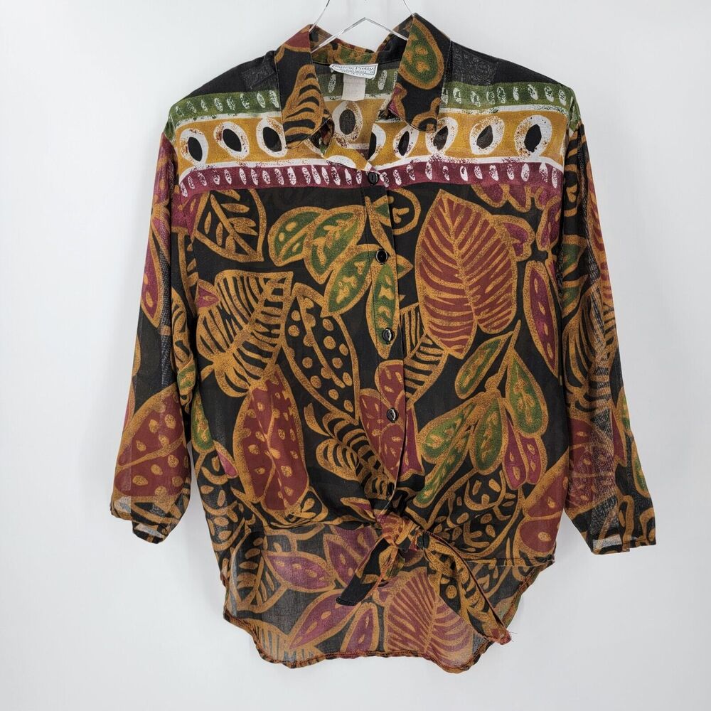 Sitting Pretty Vintage Blouse Women's Large Floral Geo Print Shoulder Pads Sheer